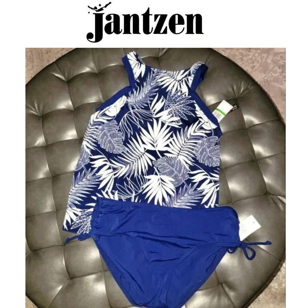 Jantzen High Neck Navy White Palm Tankini Top Navy Drawstring side tie b…